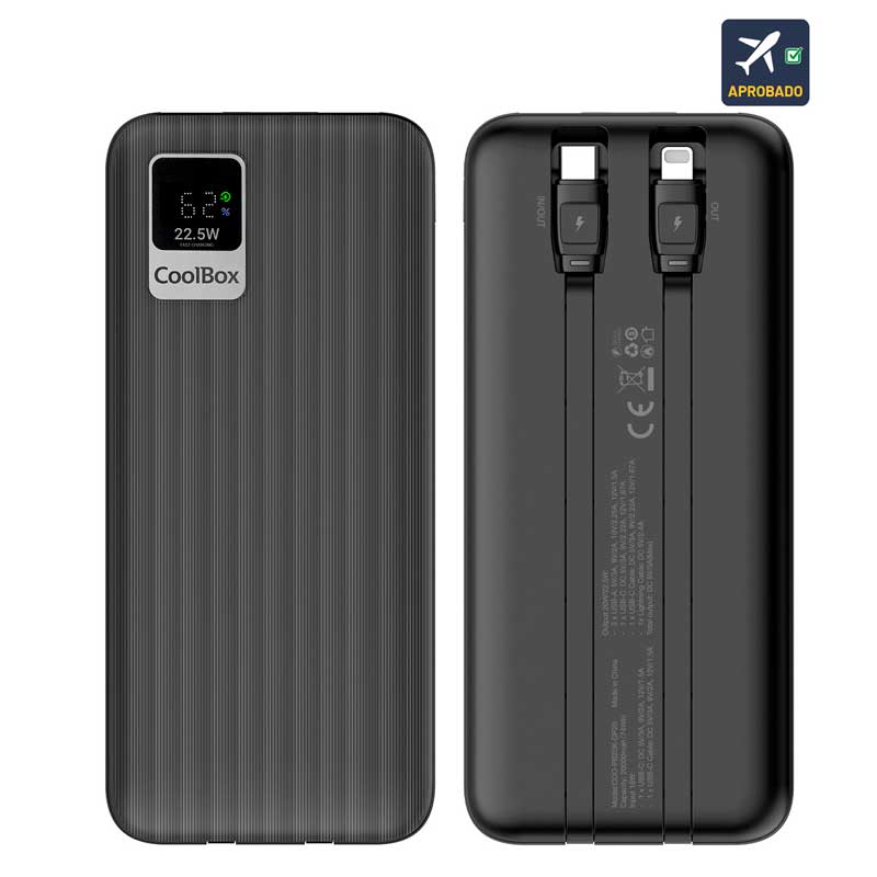 Powerbank DP20 20000mAh, pantalla LCD y cables integrados USB-C y Lightning, Carga rápida.