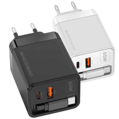 Cargador USB-C 65W ultracompacto con cable retráctil integrado.