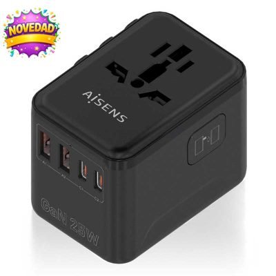 ASPS-2A2C08-BK – Adaptador Enchufe Universal para Viaje EU/USA/UK/AU con Cargador USB GaN, 2xUSB-A QC3.0, 2xUSB-C PD3.0 25W, Negro